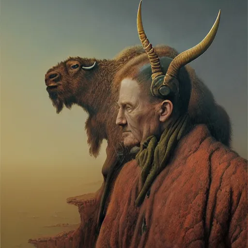 Prompt: portrait of Josh Allen wearing Bison head, dark fantasy, Warhammer, artstation painted by Zdzisław Beksiński and Wayne Barlowe