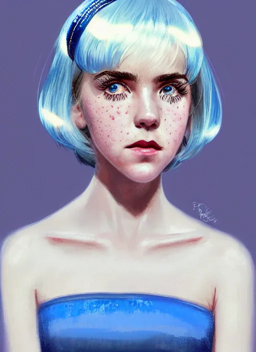 Image similar to portrait of kiernan shipka with freckles, white hair, big 1 9 6 0 s bob hairstyle with bangs and hairband, blue 1 9 6 0 s dress, intricate, elegant, glowing lights, highly detailed, digital painting, artstation, concept art, smooth, sharp focus, illustration, art by wlop, mars ravelo and greg rutkowski