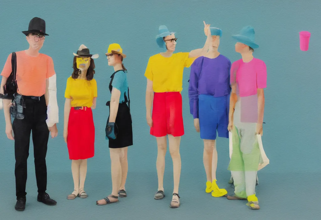 Image similar to full body portrait of a trio of european tourists with nikon cameras, character designs painting, in the style of wes anderson, rene magritte, lola dupre, david hockney, isolated on white background, dark monochrome neon spraypaint accents volumetric octane render