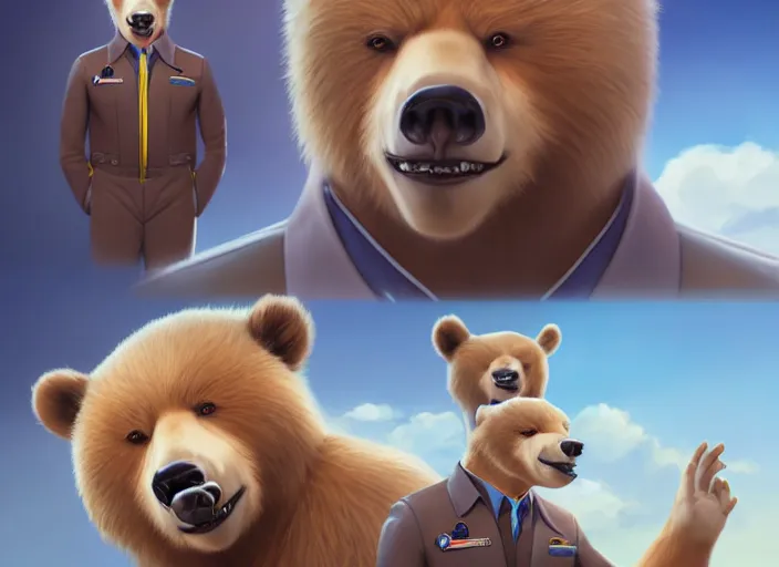 Image similar to character portrait feature of the anthro male anthropomorphic kamchatka brown bear fursona wearing white airline pilot outfit uniform professional pilot for delta airlines character design stylized by charlie bowater, ross tran, artgerm, and makoto shinkai, detailed, soft lighting, rendered in octane