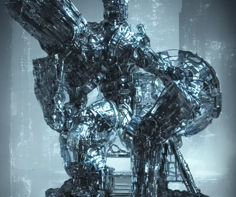 Image similar to translucent cyborg, metal throne, futuristic castle, fantasy sci - fi, sharp lines, metallic, 7 0 mm focus