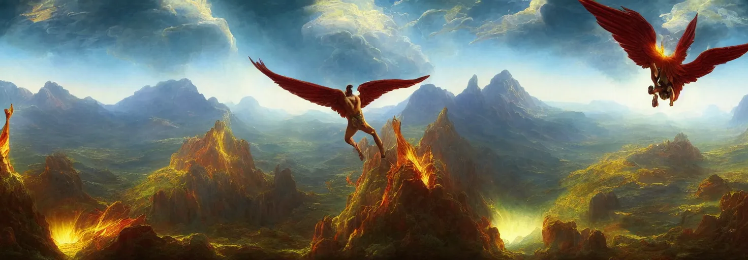 Image similar to Icarus with his wings on fire spiraling down as Daedalus bows his head in disbelief from the mountains below. in the style of a surreal and awe-inspiring Thomas Cole and Bruce Pennington digital art panorama landscape painting. unreal engine, 4k, matte, exquisite detail