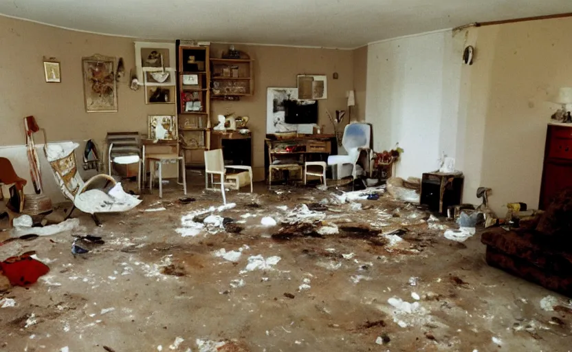 Prompt: living room interior of a white trash family, dirty walls, brown tiled floor, white plastic garden chairs, ashtray, dirty beige deep pile rug, 1990s oak wood furniture