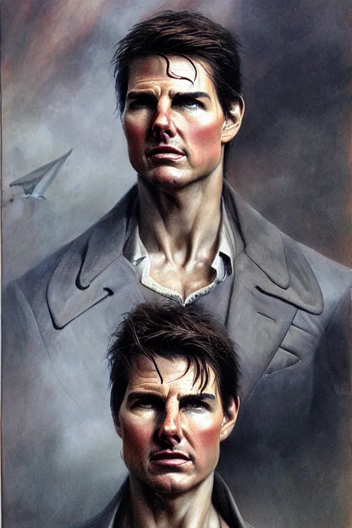 Image similar to portrait of tom cruise in the style of wayne barlowe, gustav moreau, goward, bussiere, roberto ferri, santiago caruso, luis ricardo falero, austin osman spare