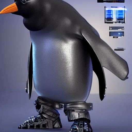 Image similar to a cybertronic penguin, leds, high detail, sharp, studio, digital art, octane render, redshift, blender-hard-surface, cinema-4d, houdini-hard-surface, machin3, mx2