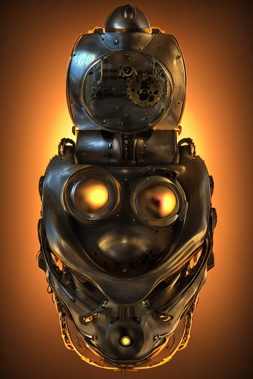 Image similar to steampunk mask minimalist fantasy art robot ninja helmet, global illumination ray tracing hdr fanart arstation by sung choi and eric pfeiffer and gabriel garza and casper konefal radiating a glowing aura