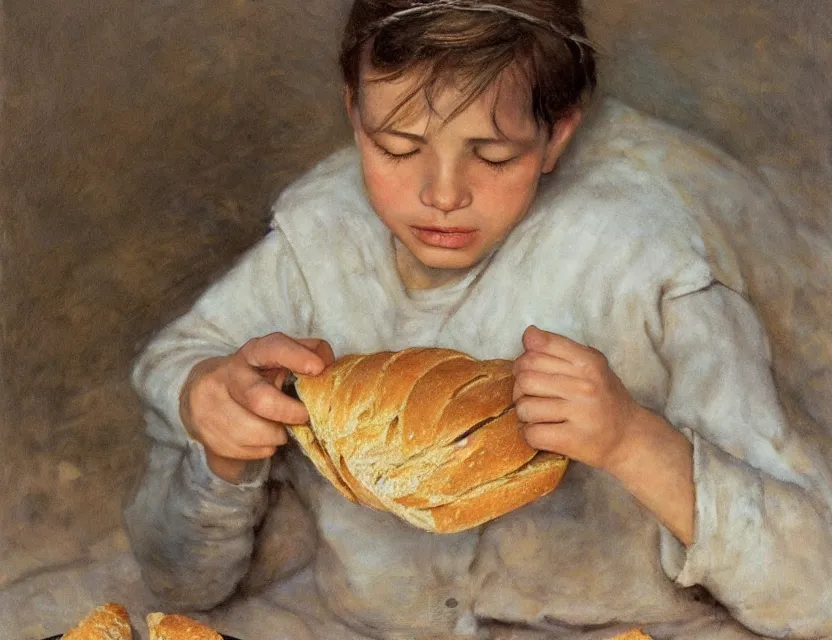 Image similar to portrait of little peasant boy eating a bread, cottage core, cinematic focus, polaroid photo bleached vintage pastel colors high - key lighting, soft lights, foggy, by steve hanks, by lisa yuskavage, by serov valentin, by tarkovsky, 8 k render, detailed, oil on canvas