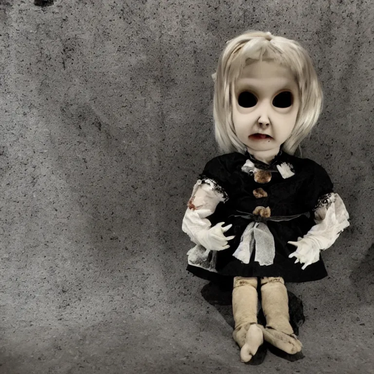 Prompt: dark photograph of horror doll in basement