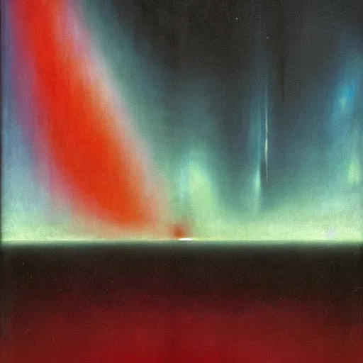 Prompt: the epic abstract painting'blue arctic void with black and red aurora borealis above tiny black monolith ', by caspar david friedrich!!!, by rothko!!!, stunning masterpiece, trending on artstation