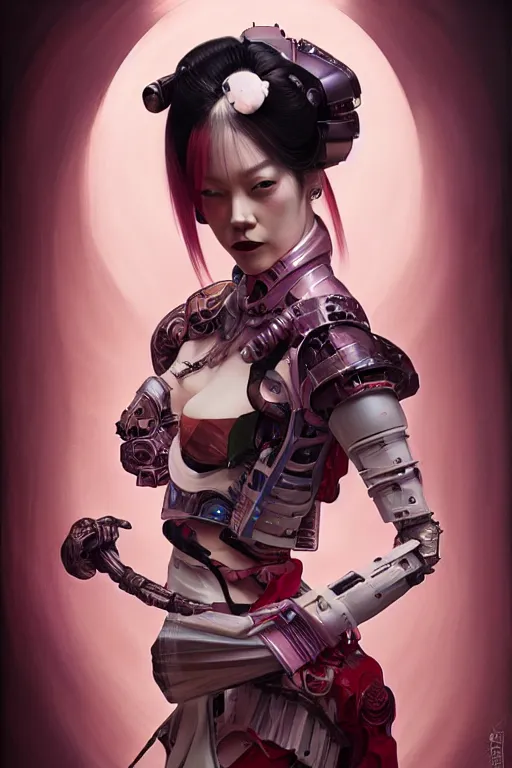 Image similar to > professional dynamtic portrait of female an agile geisha cyberpunk in a dynamic pose , armor elements , long red hair, beautiful bone structure, symmetrical facial features, intricate, elegant, digital painting, concept art, smooth, sharp focus, illustration, by Ruan Jia and Mandy Jurgens , and mucha, and Artgerm and William-Adolphe Bouguerea