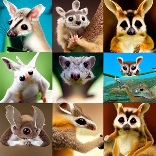 Image similar to Super cute animal combination of Sugar glider, Gecko, Sand cat, Bee hummingbird, Racoon dog, Pygmy hippopotamus , Leafy sea dragon, Elephant Shrew, Margay, Klipspringer, Fennec Fox, Tawny frogmouth, Tarsier, Quetzal and Star-nosed mole