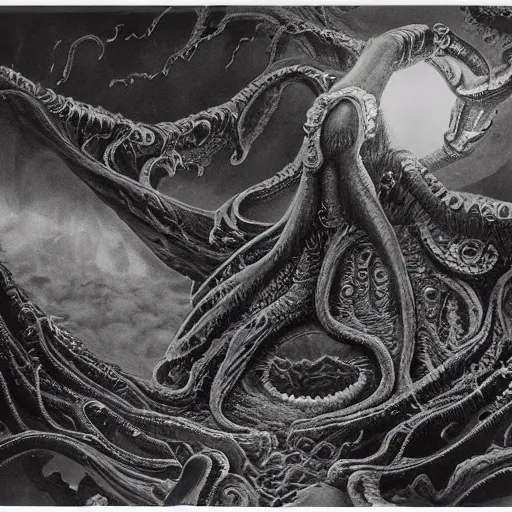 Image similar to lovecraftian shoggoth, illustrated matte painting of a progressive rock album cover, 1 9 7 0 s