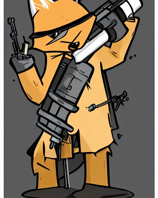 Image similar to a fox wearing a black trench - coat holding a mini - gun, comic art style, digital art,