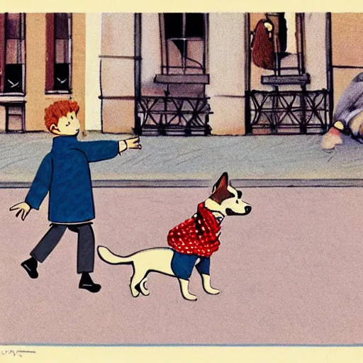 Image similar to book illustration of a french boy on the streets of paris playing football against a corgi, the dog is wearing a polka dot scarf, 1 9 6 6