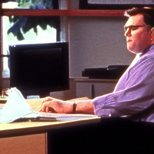 Image similar to clean - shaven chubby white man wearing a shirt and necktie sitting at a desk, 1 9 8 9 movie still, tv scan lines, cinematography, cinematic lighting