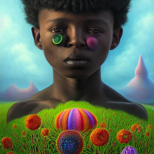 Prompt: a black boy dressed like an explorer in a field of candy, by Adi granov and afarin sajedi and amanda sage and evgeni gordiets and Agostino Arrivabene and adonna khare in a psychedelic portrait style, ultrarealistic matte painting, volumetric lighting, fractal, extremely symmetrical, highly detailed face, orisha, 8k, hd