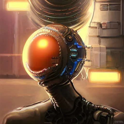 Image similar to a realistic detailed beautiful portrait of a cybernetic woman eating a big glowing orb, mouth open, cyberpunk concept art, digital art, highly detailed, intricate, sci-fi, sharp focus, Trending on Artstation HQ, deviantart, unreal engine 5, 4K UHD image, hyperrealistic, photorealistic, art by artgerm and greg rutkowski and alphonse mucha