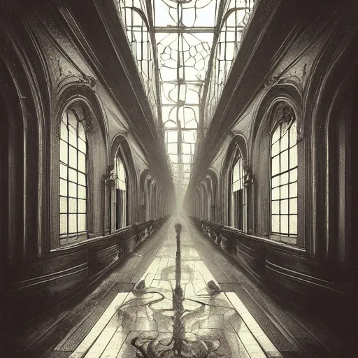 Prompt: a long hallway of mirrors. victorian interior, with many mirrors, spiders and spiderwebs everywhere, elegant design, haunting atmosphere, dark lighting, gothic, horror style, scary, swirling fog, volumetric lighting, by greg rutkowski, dutch angle,