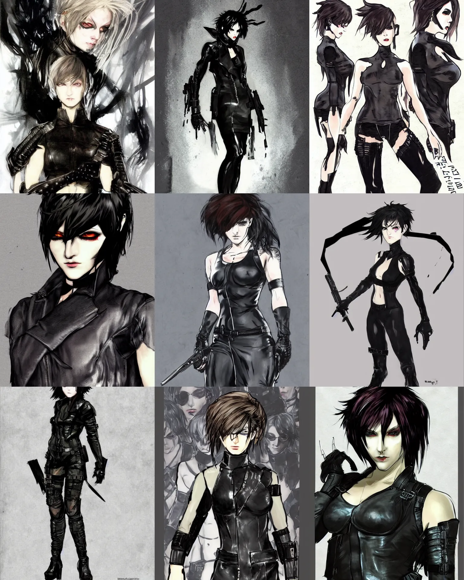 Prompt: goth Metal Gear Solid character concept art. Her hair is dark brown and cut into a short, messy pixie cut. She has a slightly rounded face, with a pointed chin, large entirely-black eyes, and a small nose. She is wearing a black tank top, a black leather jacket, a black knee-length skirt, a black choker, and black leather boots.