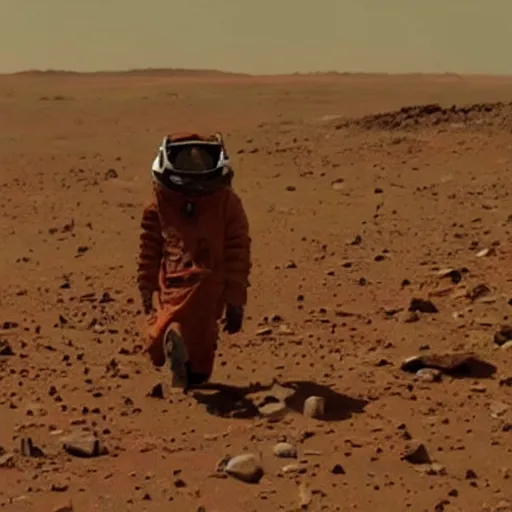 Image similar to a film still of 'Interplanetary Homeless Bum on Planet Mars' (2012)