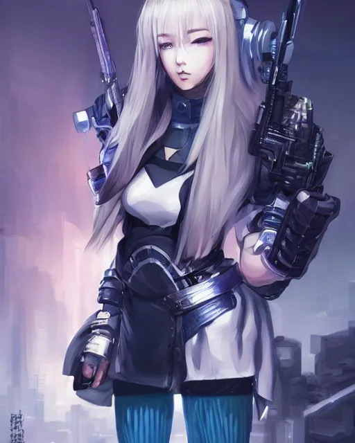 Image similar to The successful warrior is the average man, with laser-like focus, artwork by artgerm, anime, cyberpunk streets in Japan, elegant, seductive, long white hair, knee high socks, extra short blue plaid skirt, white blouse, army boots, full shot, wide-shot, long-shot, fantasy, mystical, magical