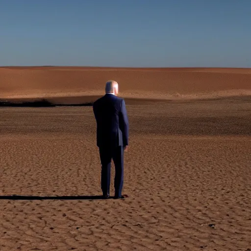 Prompt: a far away shot of Joe Biden standing in the middle of the desert