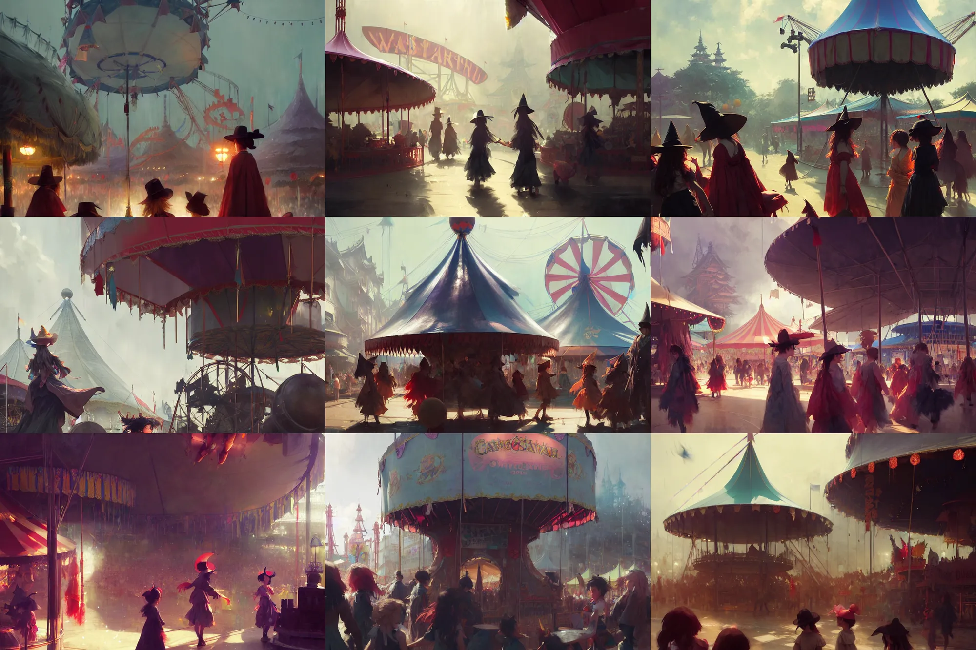 Image similar to close - up of young witches exploring small town carnival amusement, food stalls, big top circus tent, highly detailed, magical, japan, digital painting, concept art, matte, art by ruan jia and wlop and greg rutkowski and makoto shinkai, masterpiece