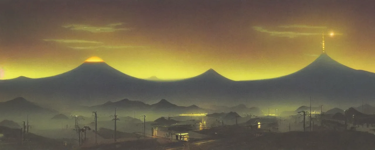 Image similar to awe inspiring bruce pennington landscape, digital art painting of 1 9 6 0 s, japan at night, 4 k, matte, warm, old, air perspective