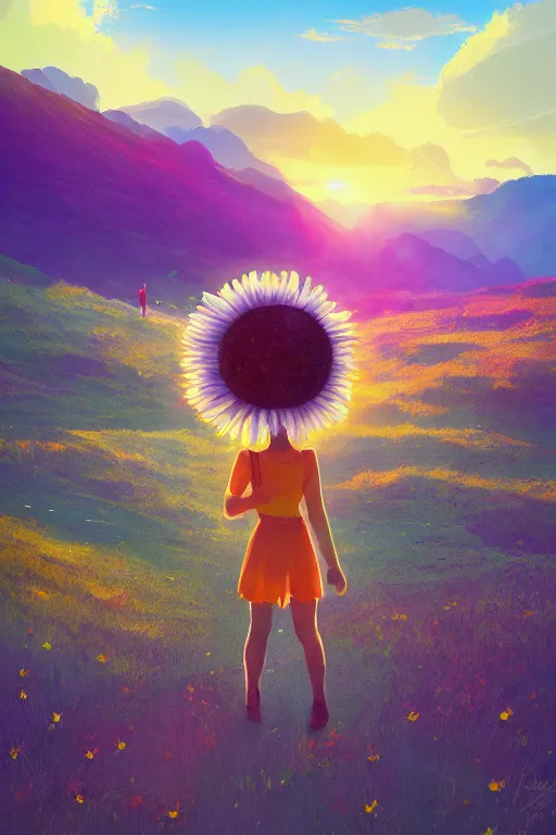 Image similar to giant daisy flower head, girl hiking in the mountains, surreal photography, sunrise, dramatic light, impressionist painting, colorful clouds, digital painting, artstation, simon stalenhag