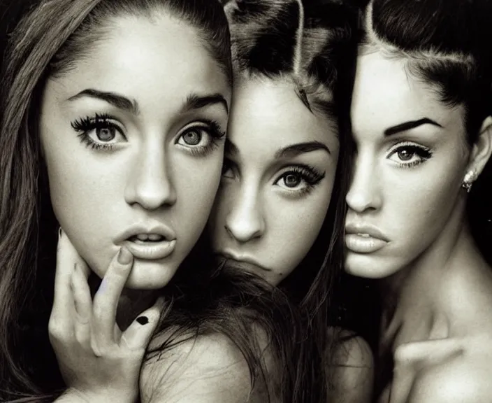 Image similar to award winning photo of Ariana Grande, Megan Fox, symmetrical, beautiful eyes, wide shot art by Sally Mann & Arnold Newman