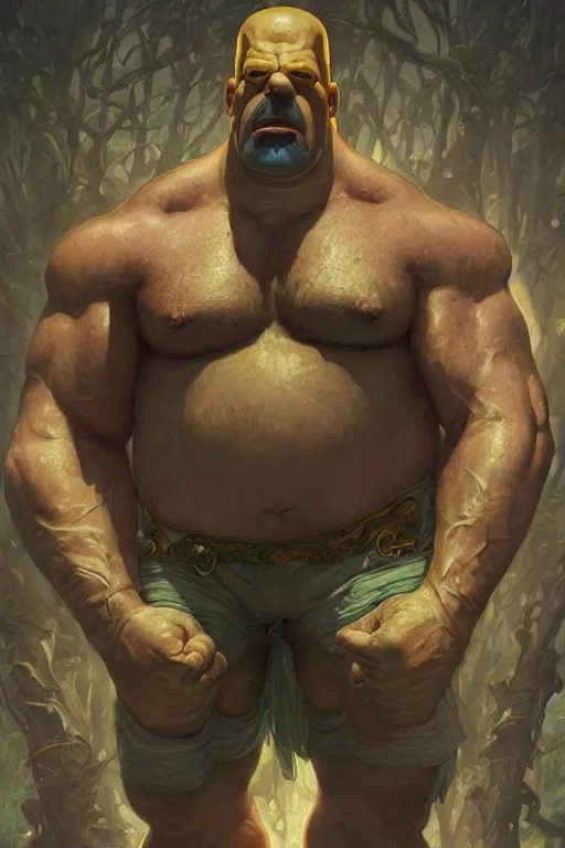 Image similar to portrait of homer simpson as a hulking herculean man, forest, godlike, full body, fantasy, intricate, elegant, highly detailed, digital painting, artstation, concept art, sharp focus, illustration, art by artgerm and greg rutkowski and alphonse mucha