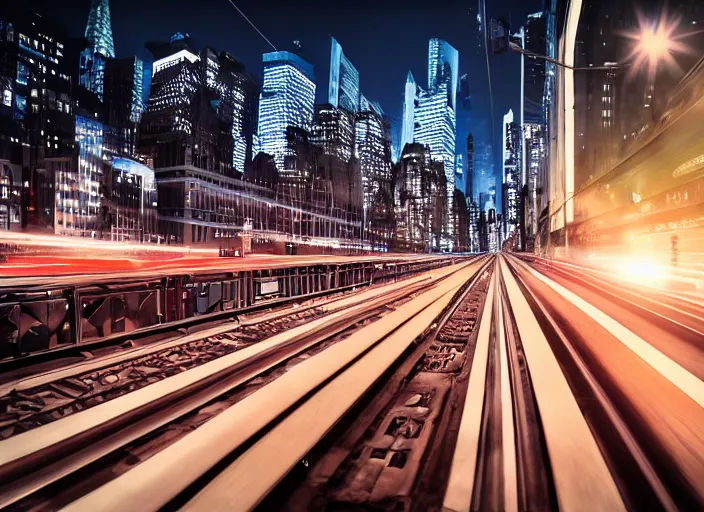 Image similar to futuristic metro train drives on bridge over busy nyc street full of cars at night, cinematic lighting, still photo
