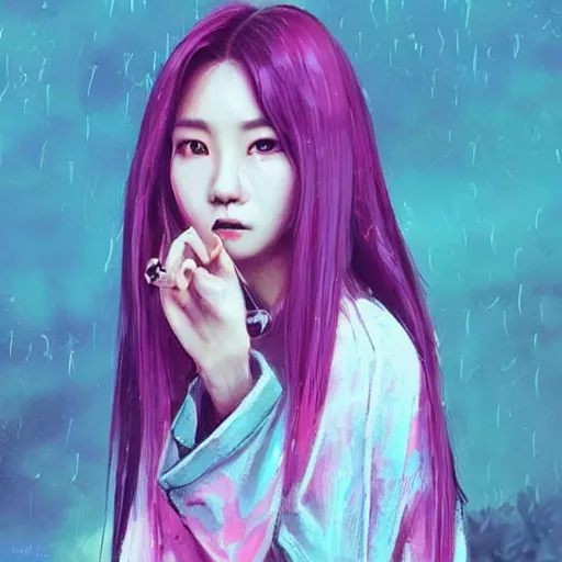 Prompt: “ a portrait of korean singer from blackpink, rainy background, pink bright art masterpiece artstation. 8 k, sharp high quality artwork in style of jose daniel cabrera pena and greg rutkowski, concept art by tooth wu, hearthstone card game artwork. ”