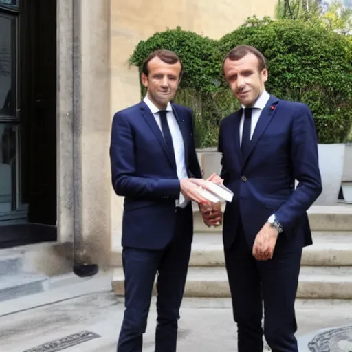 Prompt: Emmanuel Macron giving a briefcase of money to Walter White