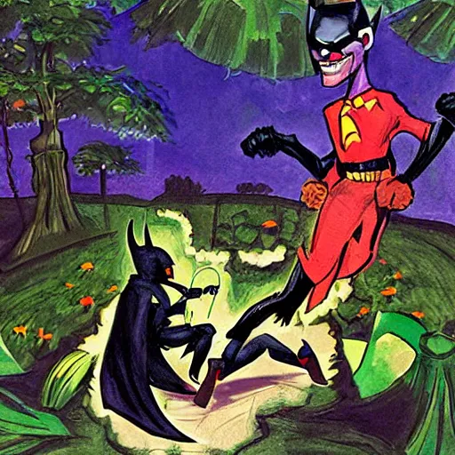 Prompt: batman fighting the joker in a garden by night in the style of justin mortimer