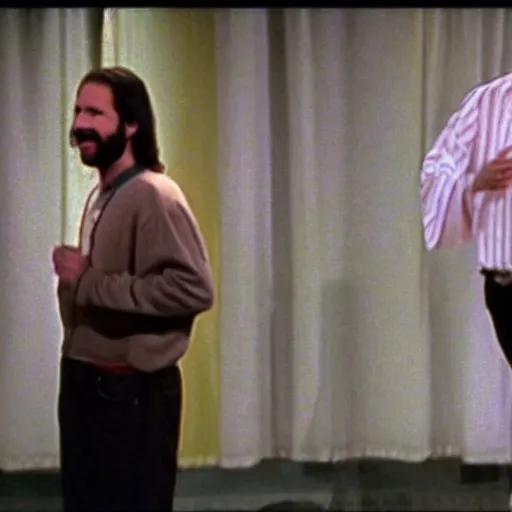 Prompt: Photo still of Jesus Christ in 1990s clothing doing a stand-up routine in front of an audience in a dimly lit comedy club, in the style of the TV show Seinfeld (1994)