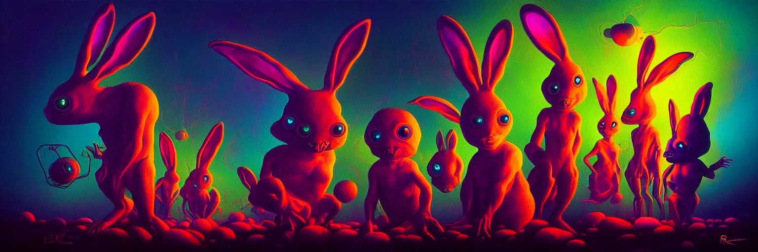 Image similar to strange alien bunny creatures from the depths of the collective unconscious, dramatic lighting, surreal darkly colorful painting by ronny khalil