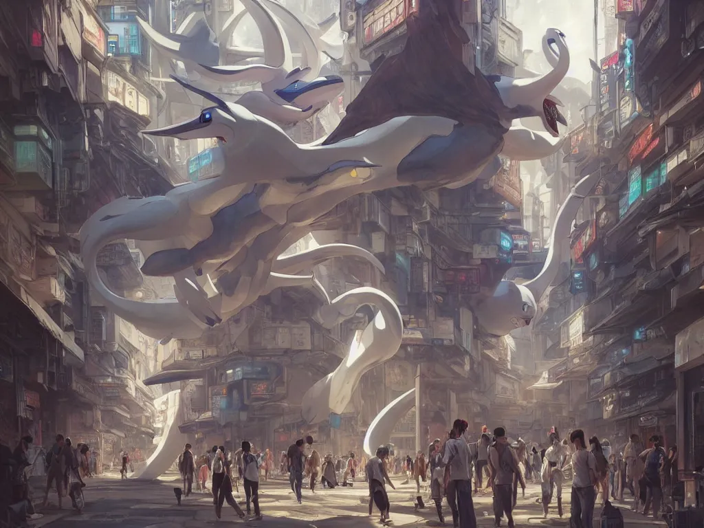 Image similar to a big lugia pokemon walking among people in open door market, cyberpunk, sci-fi, fantasy, intricate, elegant, highly detailed, digital painting, artstation, concept art, smooth, sharp focus, illustration, art by Yintion J - Jiang Geping and artgerm and greg rutkowski and alphonse mucha