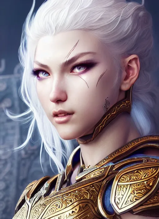 Image similar to warrior, intricate ornate opal heavy armor!!! beautiful and athletic white hair female!! gorgeous face and eyes!! character concept art, sharp focus, octane render! unreal engine 5! highly rendered!! trending on artstation!! detailed linework!! illustration by artgerm, wlop, and chie yoshii