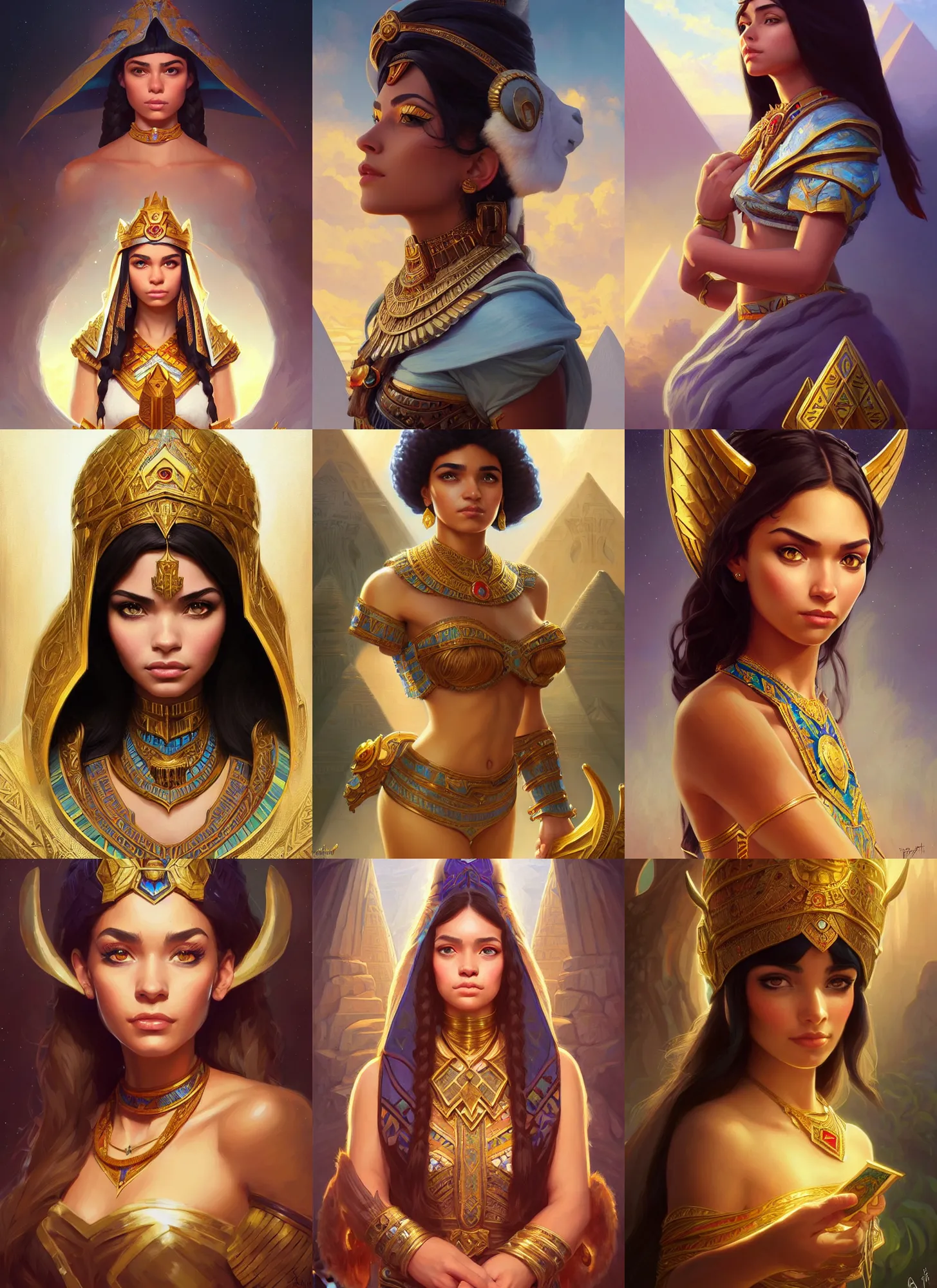 Prompt: portrait of russian egyptian mexican girl hyperborea lemuria, deep focus, d & d, fantasy, intricate, elegant, highly detailed, digital painting, artstation, concept art, matte, sharp focus, illustration, hearthstone, art by rhads by artgerm and greg rutkowski and alphonse mucha