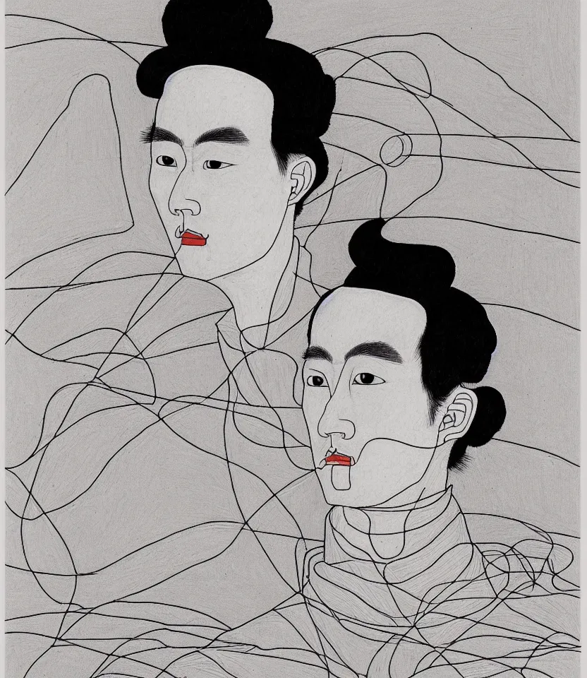 Prompt: detailed line art portrait of 孫 德 明 sunyatsen, inspired by egon schiele. caricatural, minimalist, bold contour lines, musicality, soft twirls curls and curves, confident personality, raw emotion