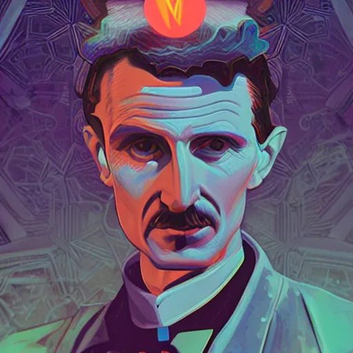 Image similar to majestic futuristic visionary inventor nikola tesla tarot crad by sachin teng, artgerm, darius zawadzki, masterpiece, organic painting, matte painting, technical geometrical drawing shapes, lightning electricity coil, hard edges, graffiti, screen printing poster art by sachin teng, artstation trending