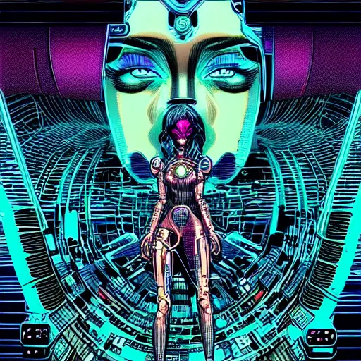 Image similar to a portrait of a beautiful cybernetic woman connected to a synthesizer from hell, wires, cyberpunk concept art by josan gonzales and philippe druillet and dan mumford and enki bilal and jean claude meziere