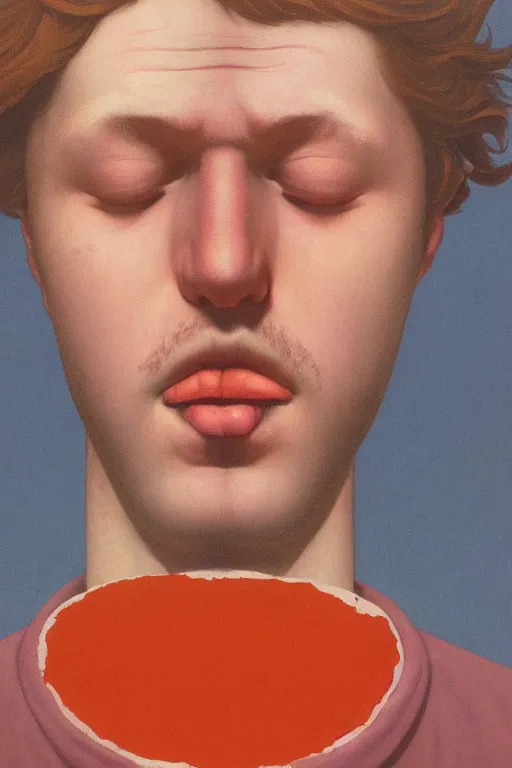 Image similar to a closeup portrait of a young icelandic man licking a blotter paper of LSD acid on his tongue and dreaming psychedelic hallucinations, by kawase hasui, moebius, Edward Hopper and James Gilleard, Zdzislaw Beksinski, Steven Outram colorful flat surreal design, hd, 8k, artstation