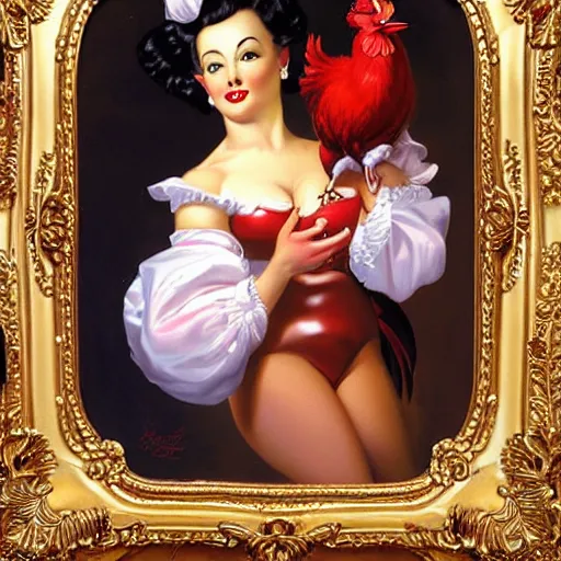 Prompt: women dressed in pin up style keeps in hands rooster by greg hildebrandt fancy rococo baroque regal oil painting high quality award winning clothed in fancy garb