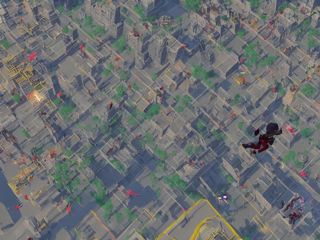 Image similar to man flying over ps1 third person game city