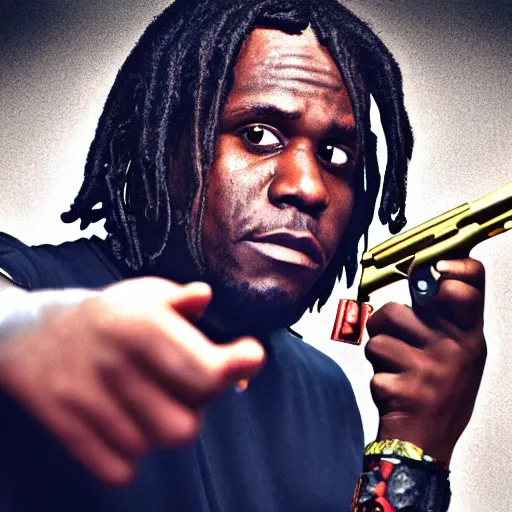 Image similar to Rapper Chief Keef holding a gun 4K quality super realistic digital art