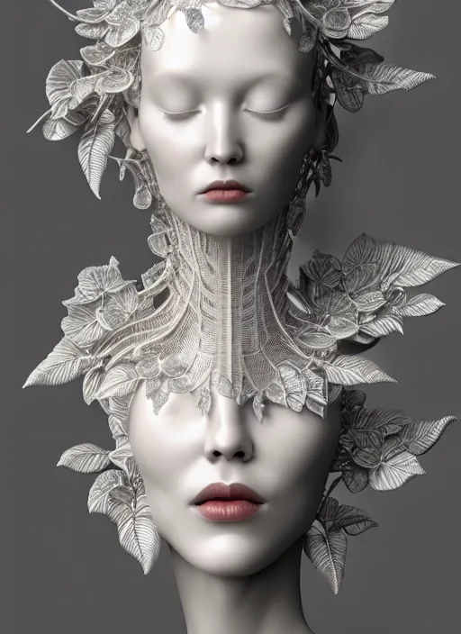 Image similar to complex 3d render ultra detailed of a beautiful porcelain profile woman face, mechanical vegetal cyborg, 150 mm, beautiful studio soft light, rim light, silver details, magnolia big filigran leaves and stems, roots, fine foliage lace, mesh wire, Alexander Mcqueen haute couture, intricate details, hyperrealistic, mandelbrot fractal, anatomical, red lips, silver metal armor, facial muscles, cable wires, microchip, elegant, white background, beautiful white teeth, octane render, H.R. Giger style, 8k