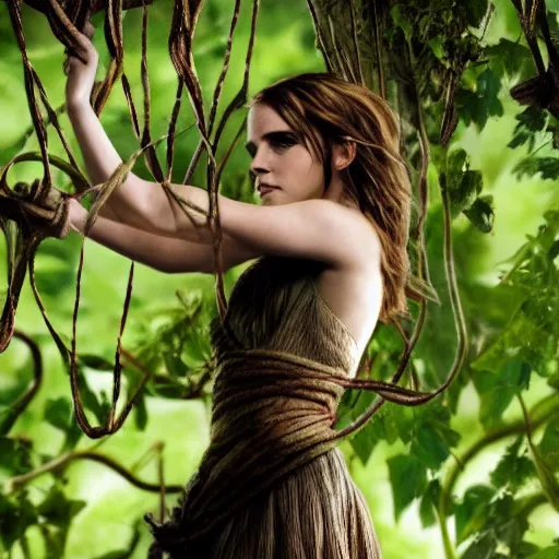 Image similar to angry angry emma watson hanging from and entangled in vines in the style of tarzan