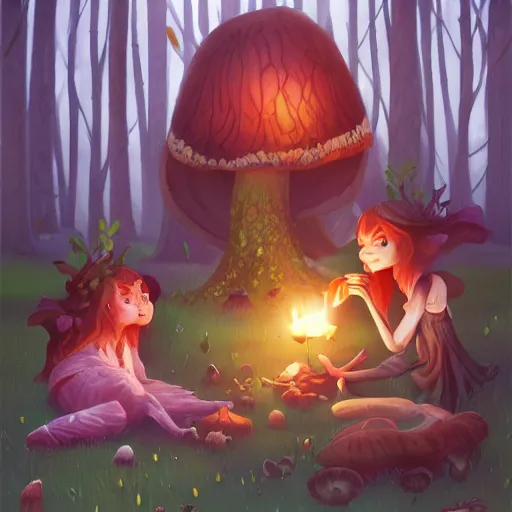 Image similar to forest witch gathering mushrooms, 2d, art direction, artstation, digital painting